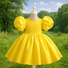 Musgem Özel Tasarım Sarı Renk Balon Kol Fiyonk Detaylı Kız Çocuk Abiye Elbise