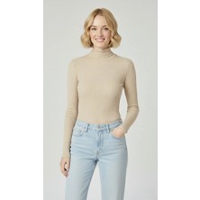 Silerra Kadın Tam Boğazlı Fitilli Likrali Kaşkorse Badi Ince Uzun Kollu Kazak - Bej