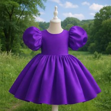 Musgem Özel Tasarım Mor Renk Balon Kol Fiyonk Detaylı Kız Çocuk Abiye Elbise