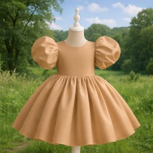 Musgem Özel Tasarım Açık Kahverengi Renk Balon Kol Fiyonk Detaylı Kız Çocuk Abiye Elbise