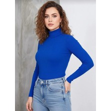 Silerra Kadın Tam Boğazlı Fitilli Likrali Kaşkorse Badi Ince Uzun Kollu Kazak - Saks Mavisi