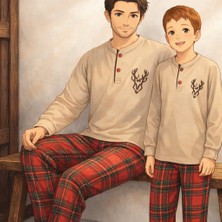 Tarık Baba-Oğul Kombin Yapılabilir Uzun Kollu Geyik Desenli Ekoseli Yeni Yıl Aile Bağı Pijama TAKIMI-4175