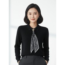 Eyora Moda Fular Aksesuarlı Olması Ile Özelleştirilmiş Siyah Renk Kadın Triko