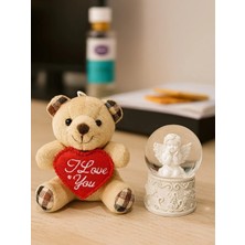 Sevimli Mini Peluş Ayıcık ve Mini Melek Kar Küresi Set Bej Rengi