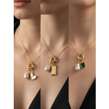 NKT Collection Zümrüt Yeşili Kalp Beyaz Kalp Külçe Altın İncili Kolye