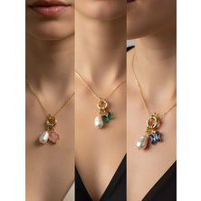 NKT Collection Mavi Kelebek Zümrüt Yeşili Kelebek Pembe Yonca İncili Kolye