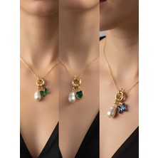 NKT Collection Zümrüt Yeşili Kalp Mavi Kelebek Zümrüt Yeşili Kelebek İncili Kolye