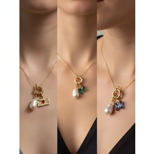 NKT Collection Mavi Kelebek Zümrüt Yeşili Kelebek Kalpli Zarf Incili Kolye