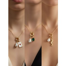 NKT Collection Deniz Atı Zümrüt Yeşili Kalp Kupa As İncili Kolye