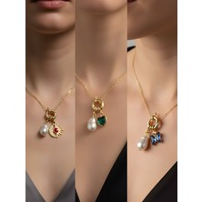 NKT Collection Zümrüt Yeşili Kalp Mavi Kelebek Ay Güneş İncili Kolye