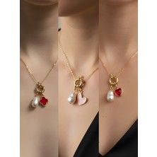 NKT Collection Kırmızı Kalp Pembe Kalp Kırmızı Yonca Incili Kolye