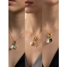 NKT Collection Zümrüt Yeşili Kalp Güneş Turkuaz Yonca Incili Kolye