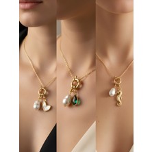 NKT Collection Deniz Atı Zümrüt Yeşili Damla Beyaz Kalp Incili Kolye