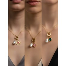 NKT Collection Zümrüt Yeşili Kalp Pembe Yonca Ay Güneş Incili Kolye