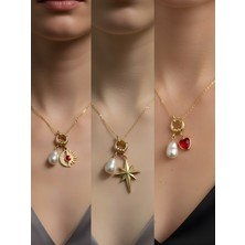 NKT Collection Kırmızı Kalp Kutup Yıldızı Ay Güneş Incili Kolye
