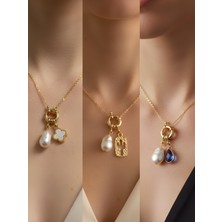 NKT Collection Mavi Damla Kaktüs Beyaz Yonca İncili Kolye