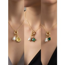 NKT Collection Zümrüt Yeşili Kalp Zümrüt Yeşili Yıldız Deniz Kabuğu İncili Kolye