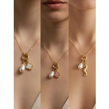 NKT Collection Deniz Atı Pembe Yonca Beyaz Yonca Incili Kolye