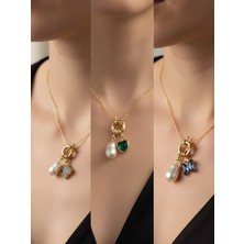 NKT Collection Zümrüt Yeşili Kalp Mavi Kelebek Siyah Yonca Incili Kolye