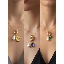 NKT Collection Mavi Damla Zümrüt Yeşili Kelebek Deniz Kabuğu Incili Kolye