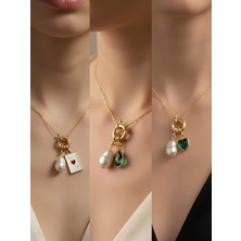 NKT Collection Zümrüt Yeşili Kalp Zümrüt Yeşili Damla Kupa As Incili Kolye