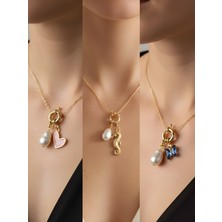 NKT Collection Deniz Atı Mavi Kelebek Pembe Kalp Incili Kolye