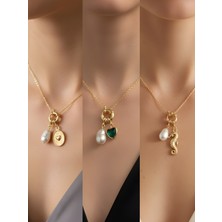 NKT Collection Deniz Atı Zümrüt Yeşili Kalp Kabartma Kalp Incili Kolye