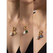 NKT Collection Zümrüt Yeşili Kalp Mavi Kelebek Deniz Yıldızı Incili Kolye