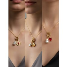 NKT Collection Kırmızı Kalp Midye Ay Güneş Incili Kolye