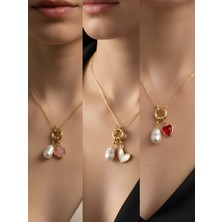 NKT Collection Kırmızı Kalp Beyaz Kalp Pembe Yonca Incili Kolye