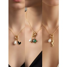 NKT Collection Deniz Atı Zümrüt Yeşili Yıldız Siyah Kalp Incili Kolye