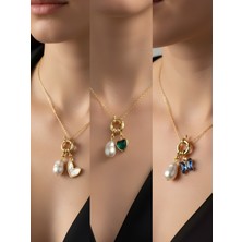 NKT Collection Zümrüt Yeşili Kalp Mavi Kelebek Siyah Kalp Incili Kolye