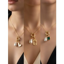 NKT Collection Zümrüt Yeşili Kalp Beyaz Kalp Kaktüs Incili Kolye