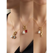 NKT Collection Deniz Atı Kırmızı Kalp Siyah Yonca Incili Kolye