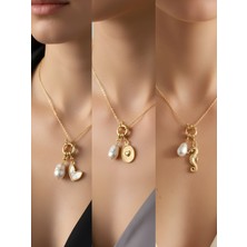 NKT Collection Deniz Atı Kabartma Kalp Beyaz Kalp Incili Kolye