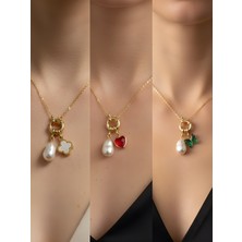 NKT Collection Kırmızı Kalp Zümrüt Yeşili Kelebek Beyaz Yonca Incili Kolye