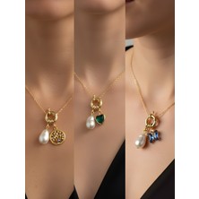 NKT Collection Zümrüt Yeşili Kalp Mavi Kelebek Hayat Ağacı Incili Kolye