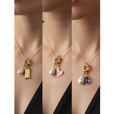 NKT Collection Mavi Damla Pembe Kalp Külçe Altın Incili Kolye