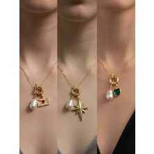 NKT Collection Zümrüt Yeşili Kalp Kutup Yıldızı Kalpli Zarf Incili Kolye