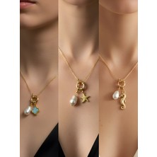 NKT Collection Deniz Atı Deniz Yıldızı Turkuaz Yonca Incili Kolye