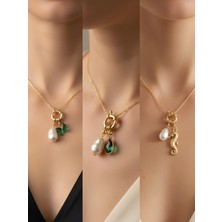 NKT Collection Deniz Atı Zümrüt Yeşili Kelebek Zümrüt Yeşili Damla Incili Kolye