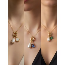 NKT Collection Mavi Damla Zümrüt Yeşili Kelebek Beyaz Yonca Incili Kolye