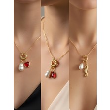 NKT Collection Deniz Atı Kırmızı Kalp Kırmızı Damla Incili Kolye