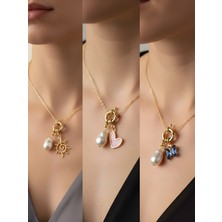 NKT Collection Mavi Kelebek Güneş Pembe Kalp Incili Kolye