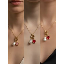 NKT Collection Kırmızı Kalp Kırmızı Yonca Pembe Yonca Incili Kolye