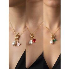 NKT Collection Kırmızı Kalp Zümrüt Yeşili Kelebek Pembe Kalp Incili Kolye