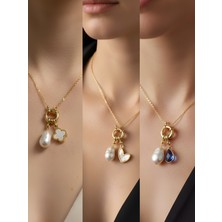 NKT Collection Mavi Damla Beyaz Kalp Beyaz Yonca Incili Kolye