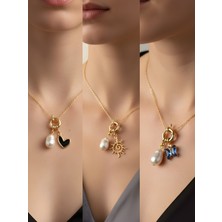 NKT Collection Mavi Kelebek Güneş Siyah Kalp Incili Kolye