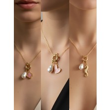 NKT Collection Deniz Atı Pembe Kalp Pembe Yonca Incili Kolye