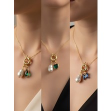 NKT Collection Zümrüt Yeşili Kalp Mavi Kelebek Zümrüt Yeşili Damla Incili Kolye